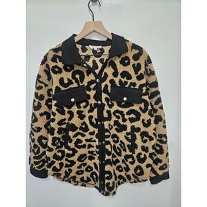 Ververet Leopard Print Sherpa Fleece Shacket Jacket Tan Black VJ71830 Medium